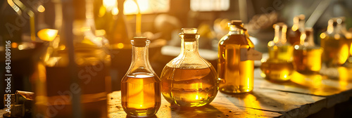Vintage glass bottles on a wooden table, casting vibrant reflections under soft, sunset-like lighting in a laboratory or distillery.