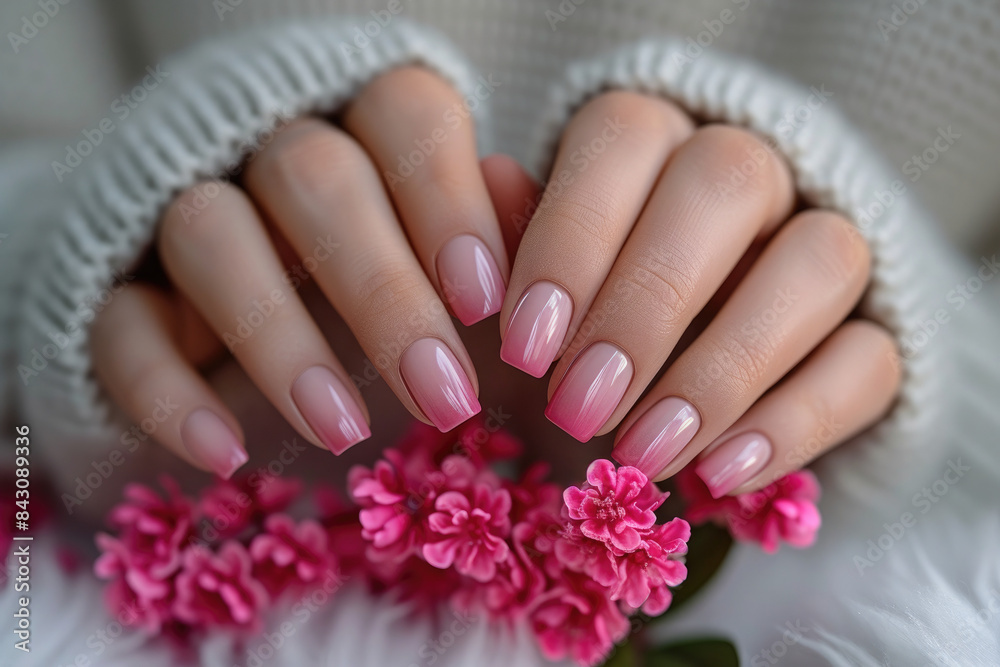 Fototapeta premium woman hands with elegant gradient pink colors manicure