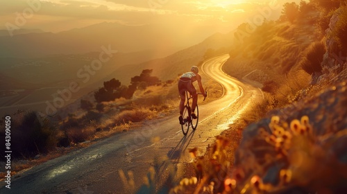 A cyclist rides along a winding road at sunset, capturing the beauty of outdoor adventure and evening light.  © hathairat