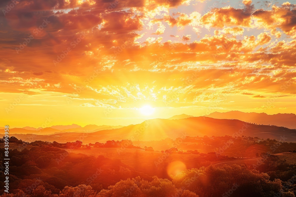 Sunrise Over Hill. Fiery Orange Sky at Sunset in Beautiful Nature Landscape