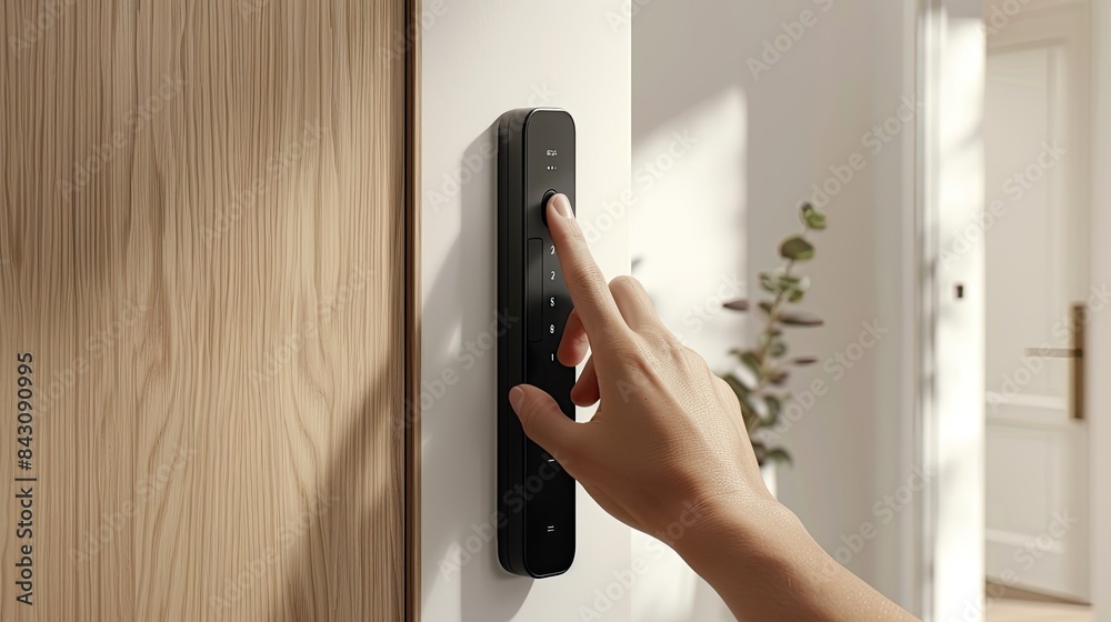 a hand engaging a touchpad to unlock a sleek black digital door lock, against a backdrop of a white wall featuring light wood grain texture. a hand engaging a touchpad to unlock a sleek black digital door lock, against a backdrop of a white wall featuring light wood grain texture.