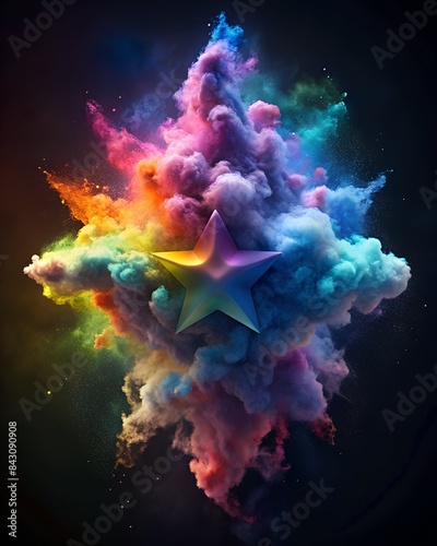 Smoke cloud poster background with central star LGBT Pride Graphic Element in vibrant diverse rainbow colours