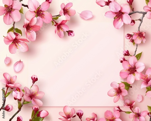 Cherry Blossom Card. Illustrated Pink Border Frame for Wedding Invitations and Greetings