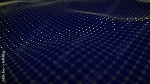 Abstract blue background of a plexus of yellow luminous dots animated by waves connected by thin lines. Seamless loop animation. 4K video