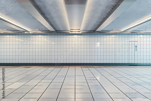 Fototapeta Naklejka Na Ścianę i Meble -  Empty subway station with a clean tiled wall and floor, modern ceiling lights, concept of public transportation space. 3D Rendering
