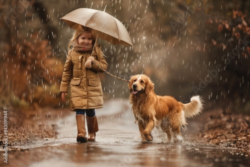 Walk In The Rain. Little Girl and Cute Golden Retriever Walking in Urban Rain