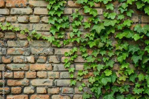 Brick Wall Ivy. Green Ivy Leaves and Vines Climbing Up Brick Wall © Serhii