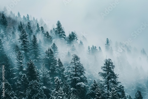 Forest Colorado. Snow Covered Pine Trees in Foggy Winter Weather photo