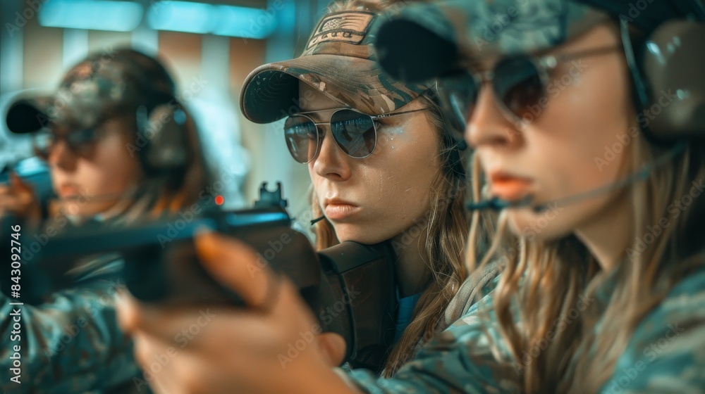 A woman is holding a rifle and looking at something A woman is holding a rifle and looking at something