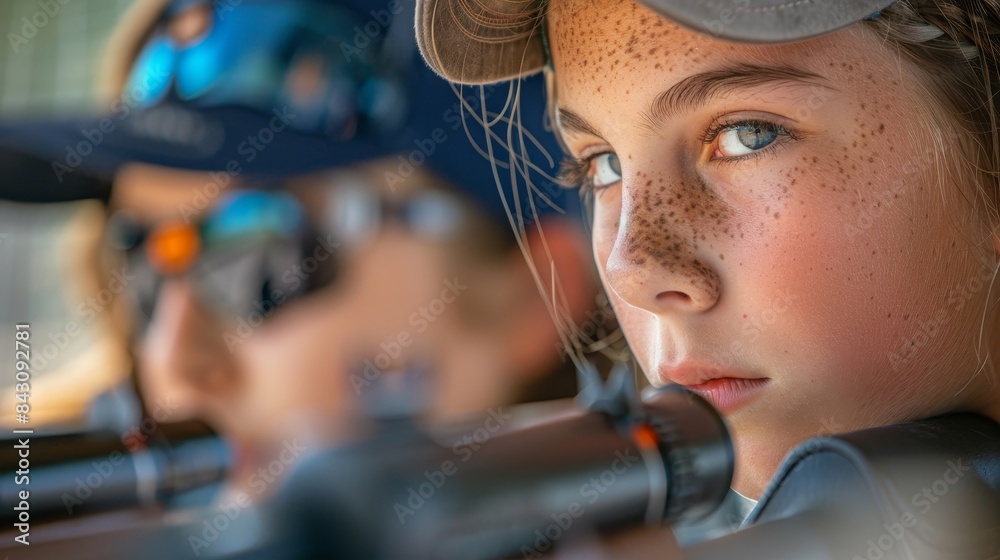 A girl wearing orange and black glasses is holding a gun A girl wearing orange and black glasses is holding a gun