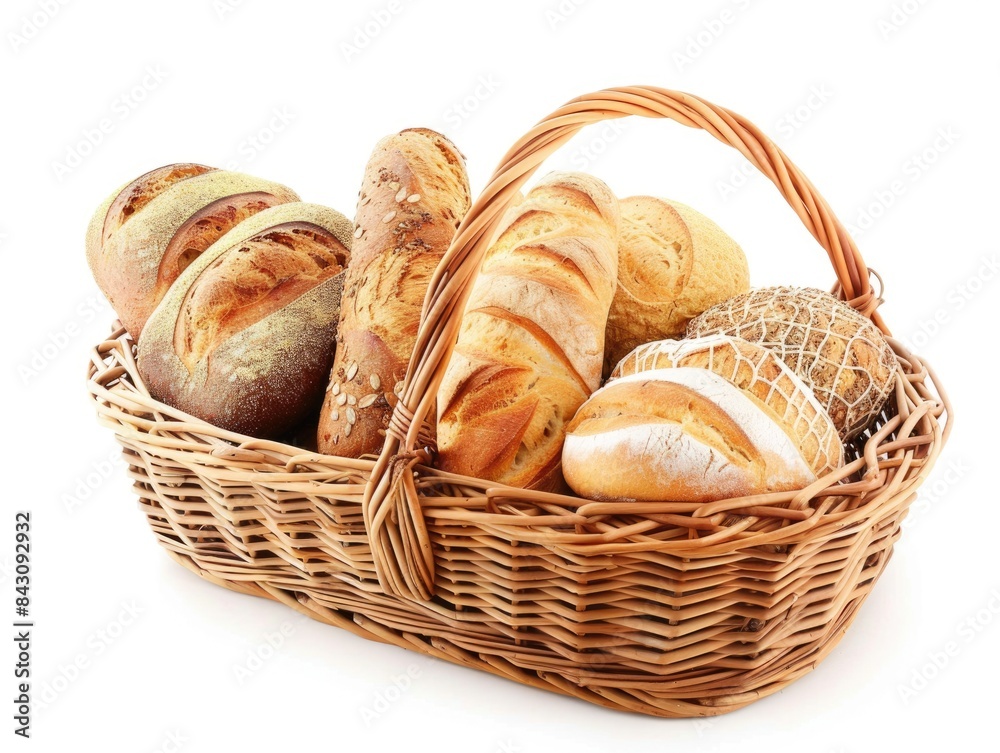 Bread Basket. Assorted Loaves and Baguettes in Wicker Grocery Basket on White Background Bread Basket. Assorted Loaves and Baguettes in Wicker Grocery Basket on White Background