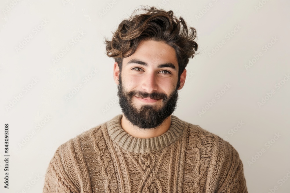 Front Face Man. Young Hispanic Adult Portrait with Beard Smiling Happily Against White Background Front Face Man. Young Hispanic Adult Portrait with Beard Smiling Happily Against White Background