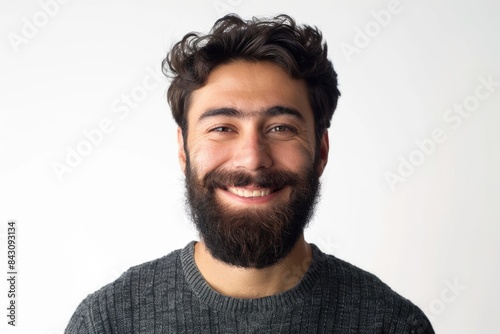 Front Face Man. Young Hispanic Man with Beard Smiling Happily in Casual Attire