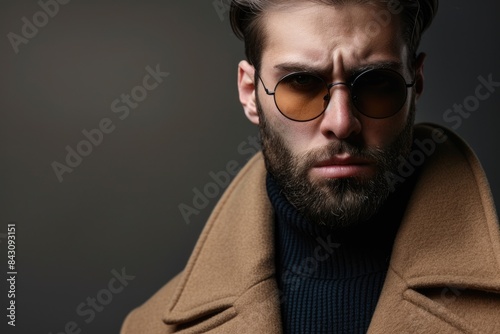 Guy Wearing Coat. Elegant Young Model in Fashionable Glasses and Coat © Serhii