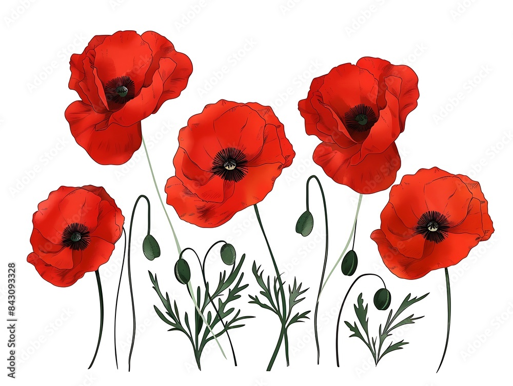 Fototapeta premium red poppy flowers isolated on white background. Dry poppy. Herbarium 