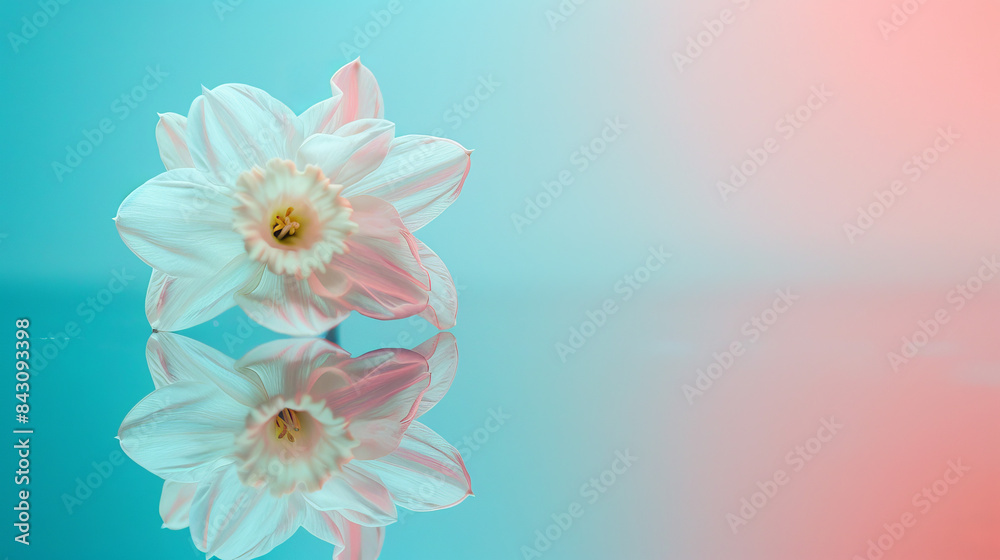 A lovely Narcissus flower stares at its reflection in a mirror against a soft blue and pink background. This image represents self-love and standing out from the crowd. A lovely Narcissus flower stares at its reflection in a mirror against a soft blue and pink background. This image represents self-love and standing out from the crowd.