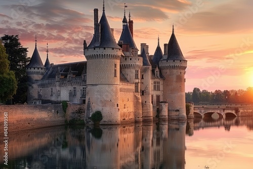 Chateau France. Historical Tower in Loire Valley Castle at Sunset