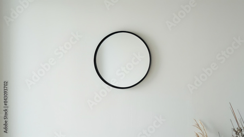A simple photo of a black frame mirror hanging on a plain white wall.