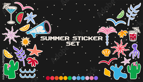 Collection of summer various patches, tags, sticker and stamps. Travel stickers, trendy promo labels. Vector set	