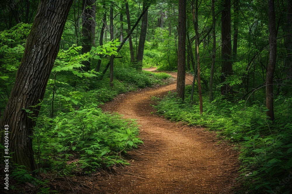 Fototapeta premium Path Through Woods. Forest Trail with Curving Dirt Path and Green Trees