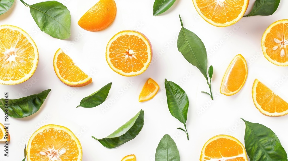 Isolated Orange Fruits with Leaves on a White Background
