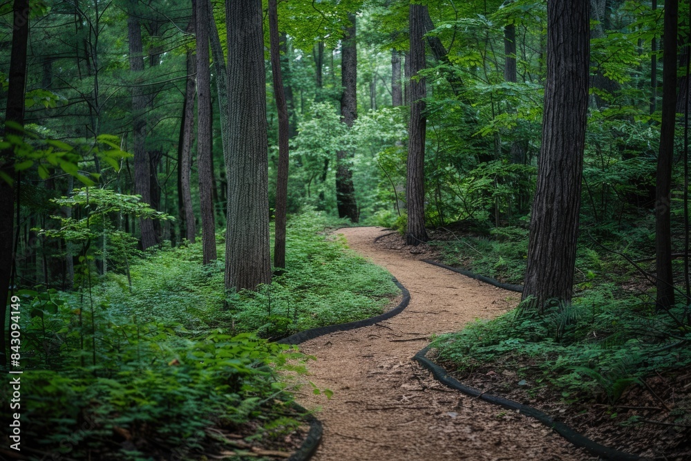 Path Through Woods. Forest Trail with Curving Dirt Path in Green and Brown Tones