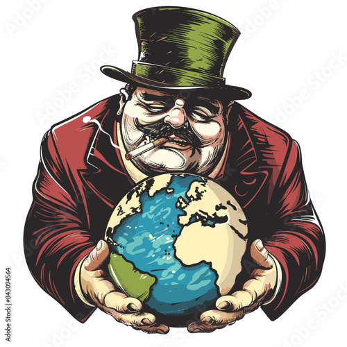 vector fat man in a top hat holding the planet, capitalism .Generative AI