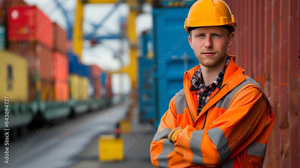 Portrait of a young male engineer wearing a hard hat and safety vest standing in front of a container ship. Portrait of a young male engineer wearing a hard hat and safety vest standing in front of a container ship.