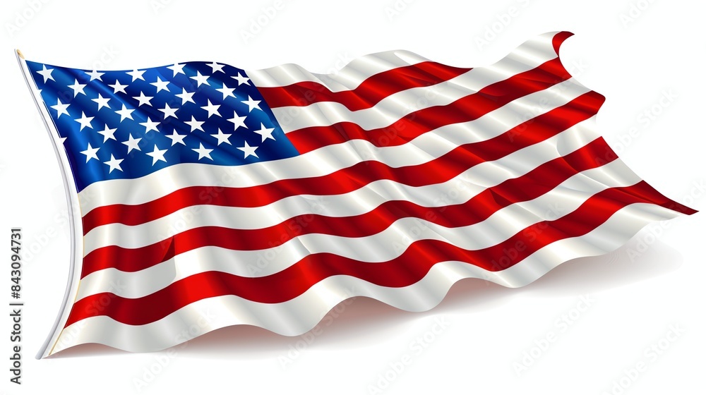 Fototapeta premium A beautiful waving American flag. The flag is blowing in the wind and has a soft, silky texture. The colors are vibrant and bright.