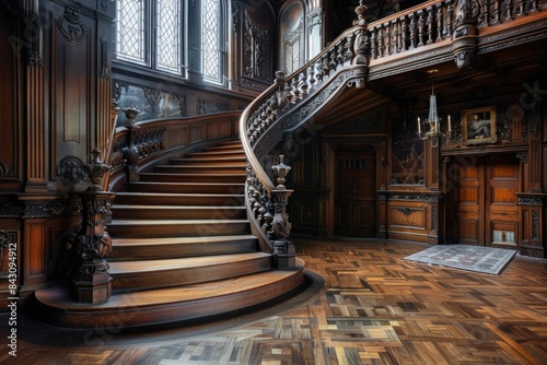 Old Mansion. Grand Wooden Staircase and Ornate Railings in Luxurious Great Hall photo