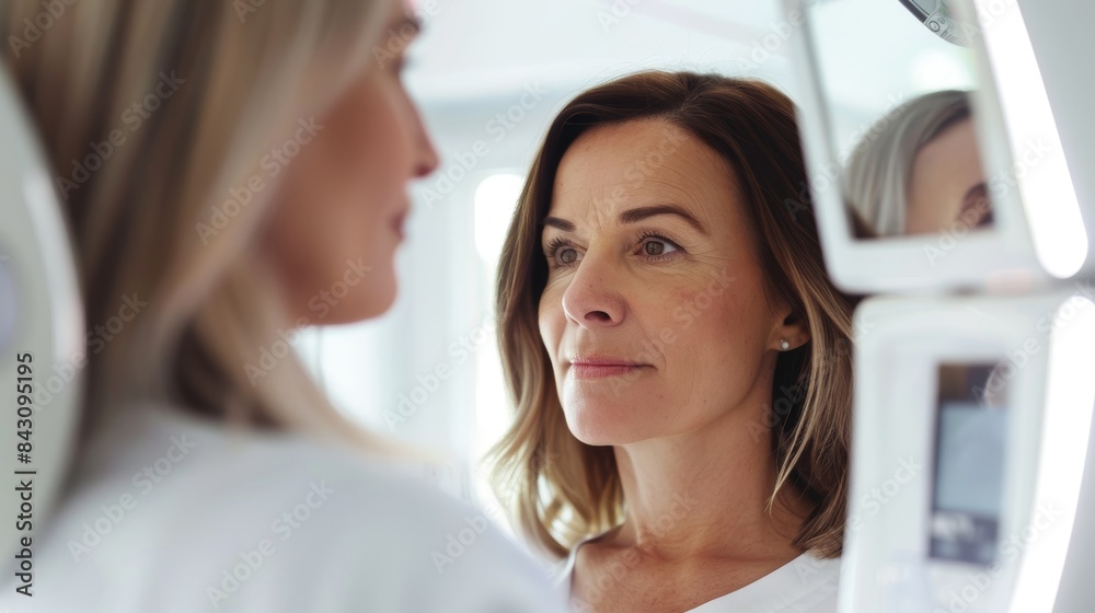 Mature Woman Admiring Mesotherapy Results in Bright, Welcoming Clinic Environment Mature Woman Admiring Mesotherapy Results in Bright, Welcoming Clinic Environment