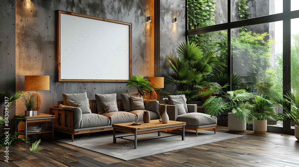 Modern home interior with nice furniture and big white copy space board on the wall. Modern home interior with nice furniture and big white copy space board on the wall.