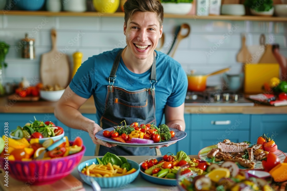 Vibrant Kitchen Scene with Healthy Colorful Dukan Diet Meals and Smiling Chef for Healthy Eating Inspiration