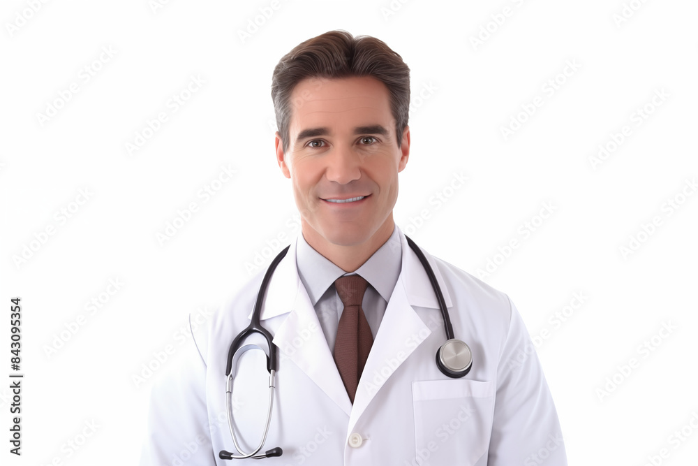 White smiling doctor on a white background. World of Medicine. Personal care profession. Medical studies. European doctor. French. America. Images for graphic designers. Image for communication. AI. White smiling doctor on a white background. World of Medicine. Personal care profession. Medical studies. European doctor. French. America. Images for graphic designers. Image for communication. AI.