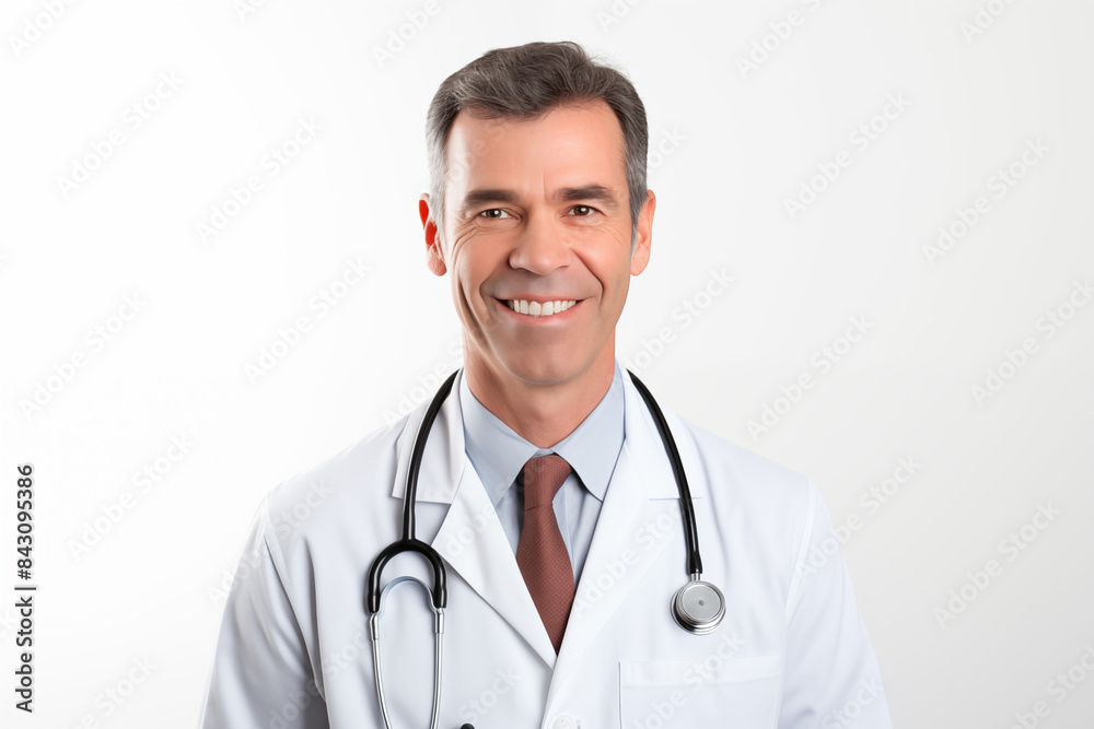 White smiling doctor on a white background. World of Medicine. Personal care profession. Medical studies. European doctor. French. America. Images for graphic designers. Image for communication. AI. White smiling doctor on a white background. World of Medicine. Personal care profession. Medical studies. European doctor. French. America. Images for graphic designers. Image for communication. AI.