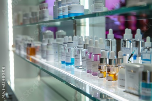 Biorevitalization Products on Glass Shelf in Modern Clinic - Skincare Solutions, Syringes, and Vials Display