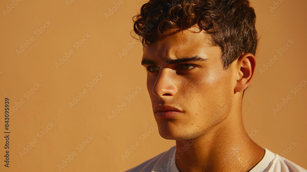 A handsome young tennis player stands isolated against an ocher background A handsome young tennis player stands isolated against an ocher background