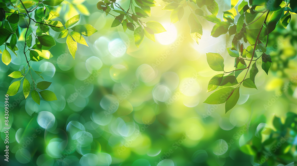 A lush green bokeh backdrop adorned with fresh leaves and sun flares creates an idyllic setting, perfect for evoking the ambiance of summer or spring A lush green bokeh backdrop adorned with fresh leaves and sun flares creates an idyllic setting, perfect for evoking the ambiance of summer or spring