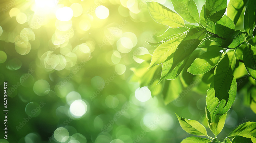 A lush green bokeh backdrop adorned with fresh leaves and sun flares creates an idyllic setting, perfect for evoking the ambiance of summer or spring A lush green bokeh backdrop adorned with fresh leaves and sun flares creates an idyllic setting, perfect for evoking the ambiance of summer or spring