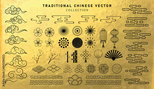 Asia elements. Chinese festive decor floral patterns and ornament, lanterns, clouds and moon, flowers sakura branch oriental vector set. Japanese decoration symbols as bamboo and branches