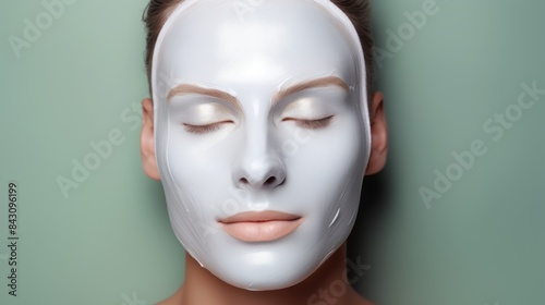 Handsome young Caucasian man with facial mask on his face on a background with Copy Space. Handsome man with clay mask on his face. Handsome Caucasian male with cosmetic Facial Mask. copy space.