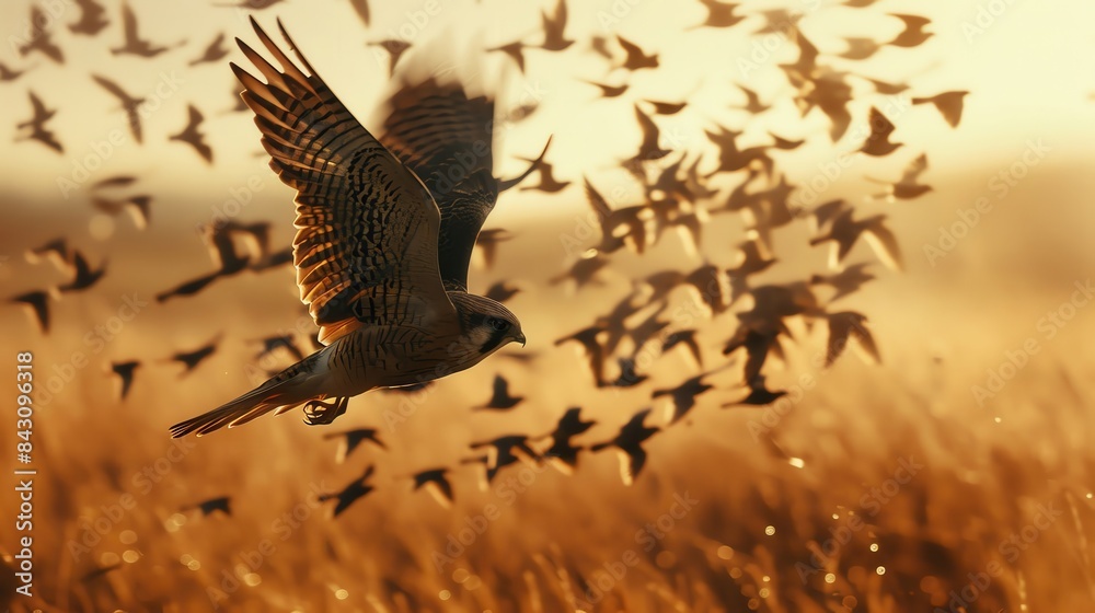 Obraz premium A merlin chasing a flock of small birds over open fields