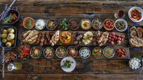 Overhead View of Mediterranean Feast with Vibrant Dishes on Rustic Wooden Table - Design for Print