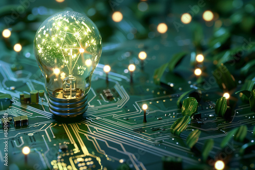 Design a detailed visual representation of the advantages of solar lighting solutions on a circuit board backdrop, highlighting eco-friendliness, energy savings, and innovative tec photo