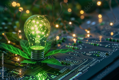 Design a detailed visual representation of the advantages of solar lighting solutions on a circuit board backdrop, highlighting eco-friendliness, energy savings, and innovative tec photo