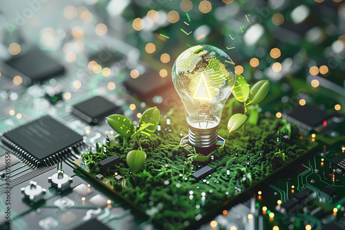 Generate a detailed graphic portraying the advantages of solar lighting technologies on a circuit board background, highlighting sustainable energy, cost savings, and reduced carbo photo