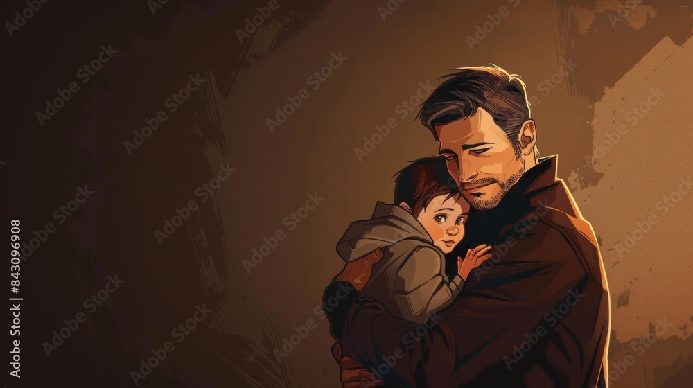 Illustration Of A Father Hugging And Caressing His Son, Father's Day Wallpaper With Copy Space Illustration Of A Father Hugging And Caressing His Son, Father's Day Wallpaper With Copy Space