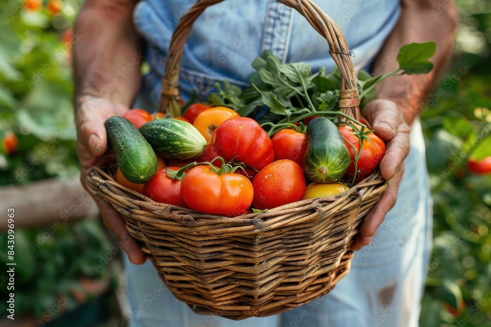 Hands of a person clad in denim overalls hold a wicker basket with a variety of fresh vegetables against a green background Hands of a person clad in denim overalls hold a wicker basket with a variety of fresh vegetables against a green background