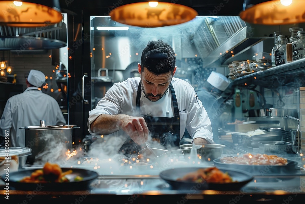 A professional chef is focused on preparing a dish amidst the hustle of a commercial kitchen, surrounded by cooking equipment A professional chef is focused on preparing a dish amidst the hustle of a commercial kitchen, surrounded by cooking equipment