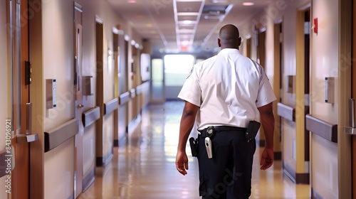 Hospital security guard patrolling a bright, empty corridor, ensuring safety within the facility photo